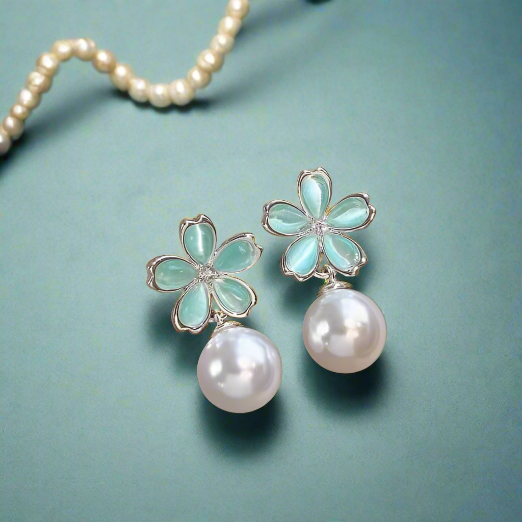 藍花珍珠耳環 Blue Flower Pearl Earrings