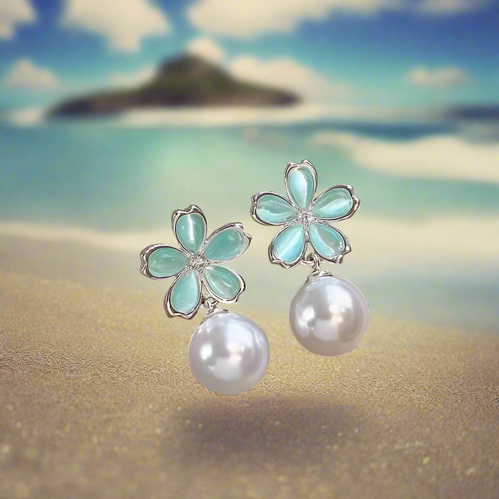 藍花珍珠耳環 Blue Flower Pearl Earrings