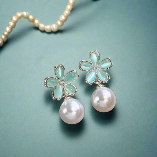 藍花珍珠耳環 Blue Flower Pearl Earrings